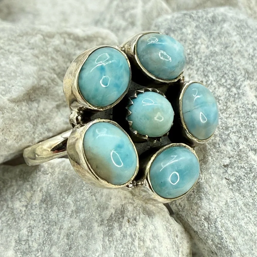 Sterling Silver Larimar Floral Cluster Ring Size 10 Boho Southwestern 925